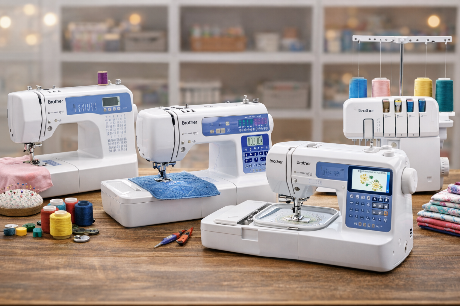 Brother sewing machines and sewing accessories on a wooden table, featuring thread spools, fabric, and tools