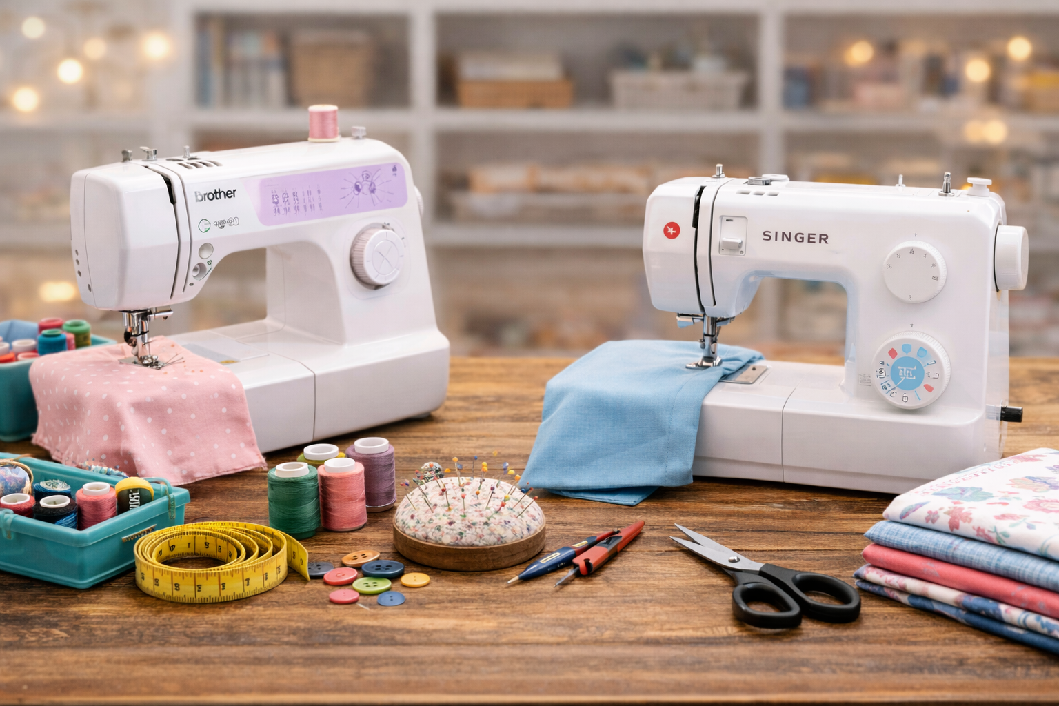 Beginner sewing machines with sewing accessories on a wooden table in a modern sewing space
