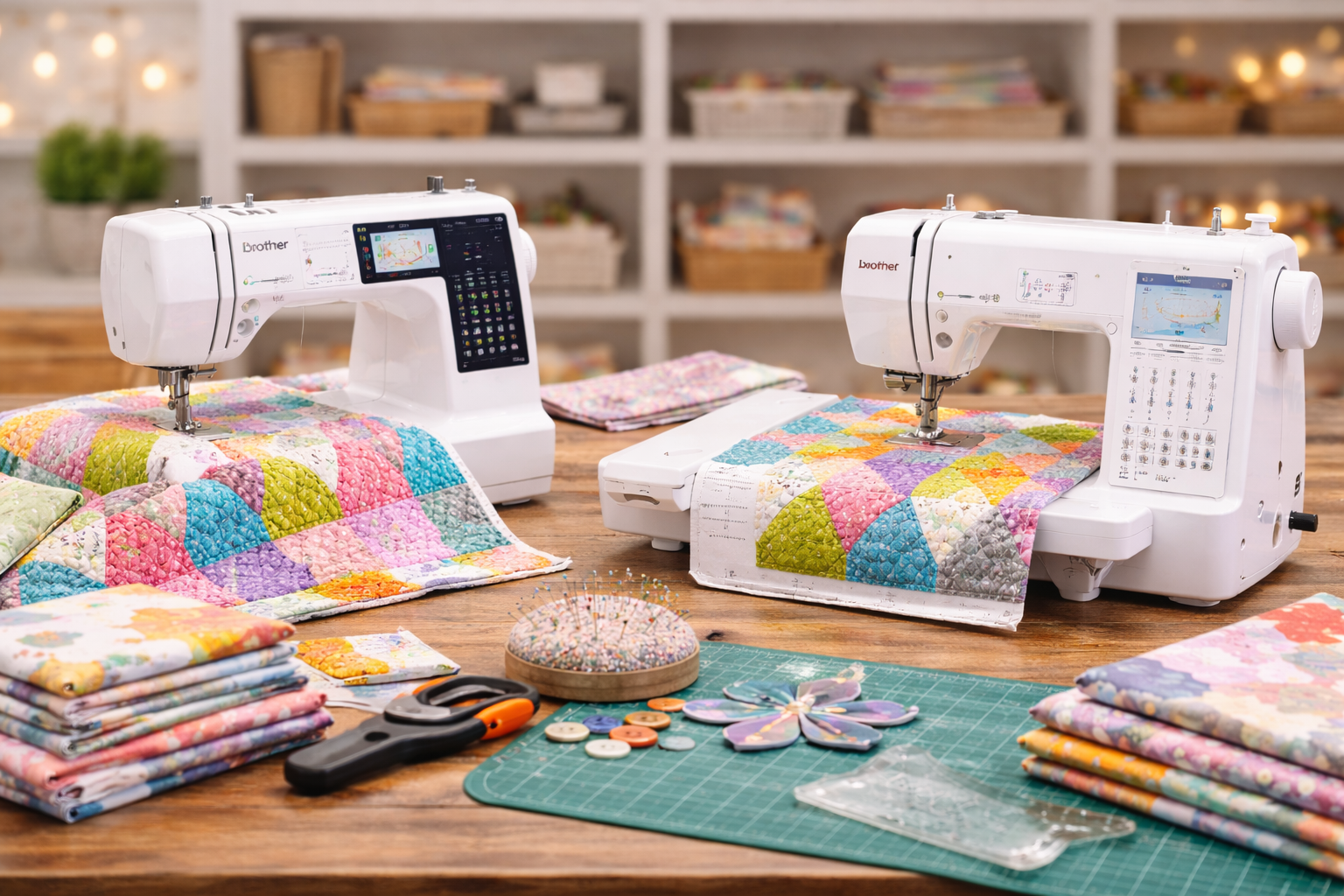 Advanced sewing machines quilting colorful patchwork fabric on a wooden table in a bright sewing studio