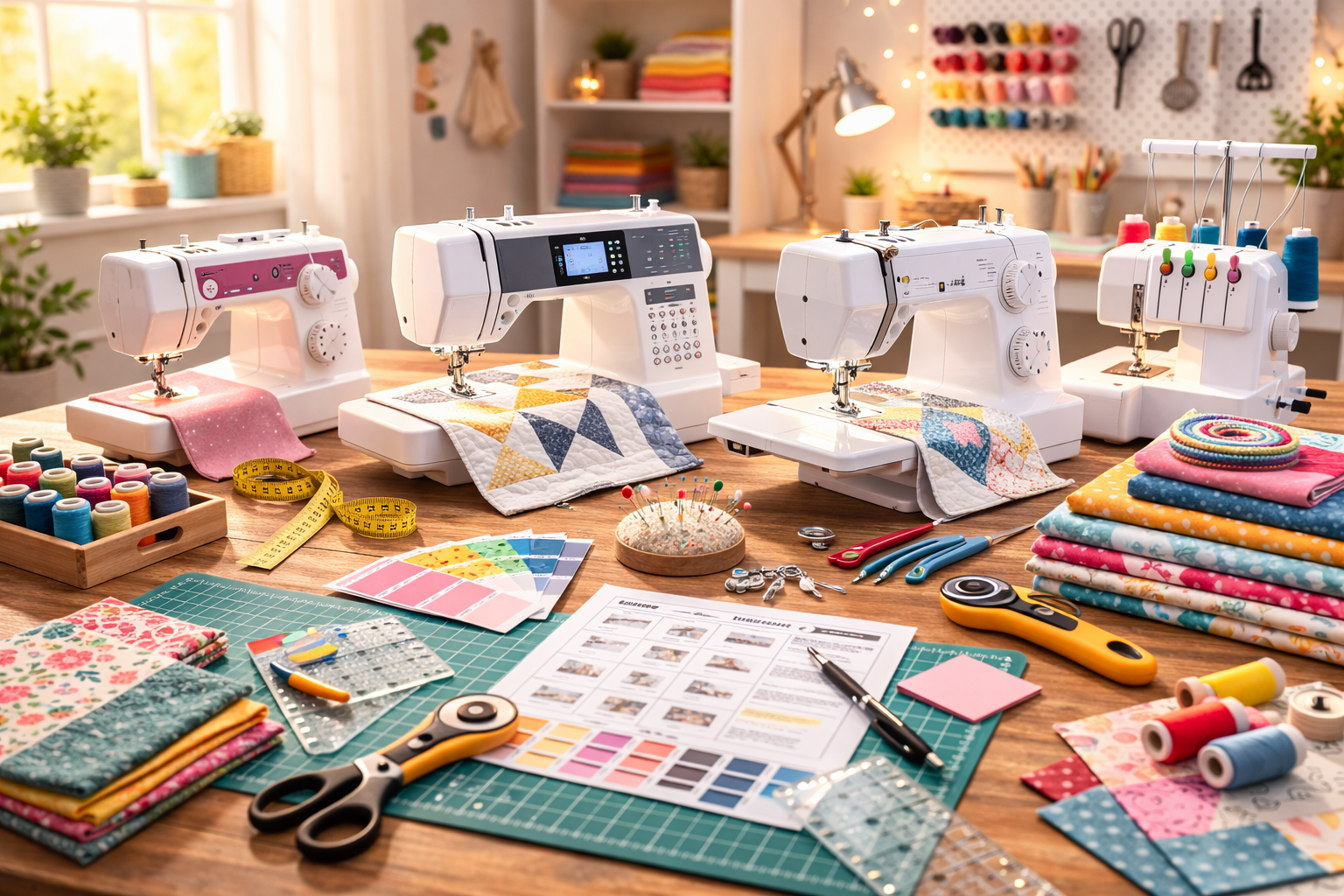Bright sewing studio with multiple sewing machines, fabrics, threads, and tools arranged on a wooden table