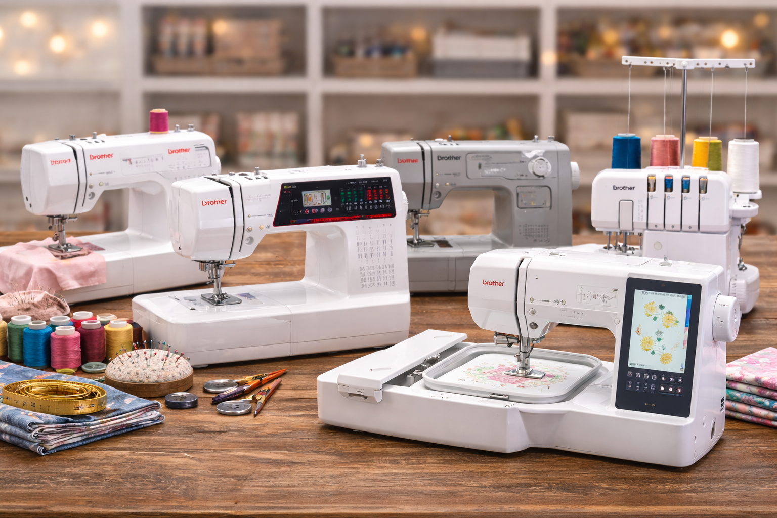Janome sewing machines with sewing accessories on a wooden table in a modern sewing room